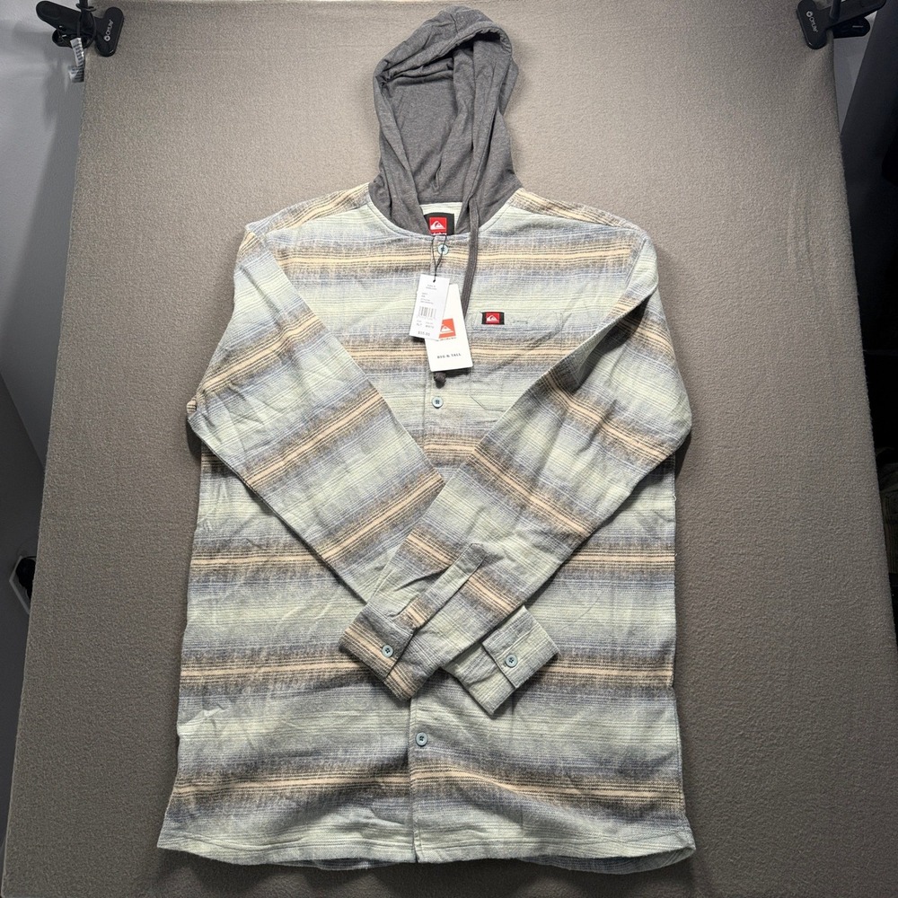 Quiksilver Hooded Shirt Mens XLT Mist Green Striped Button Front QSFLNHD01KL